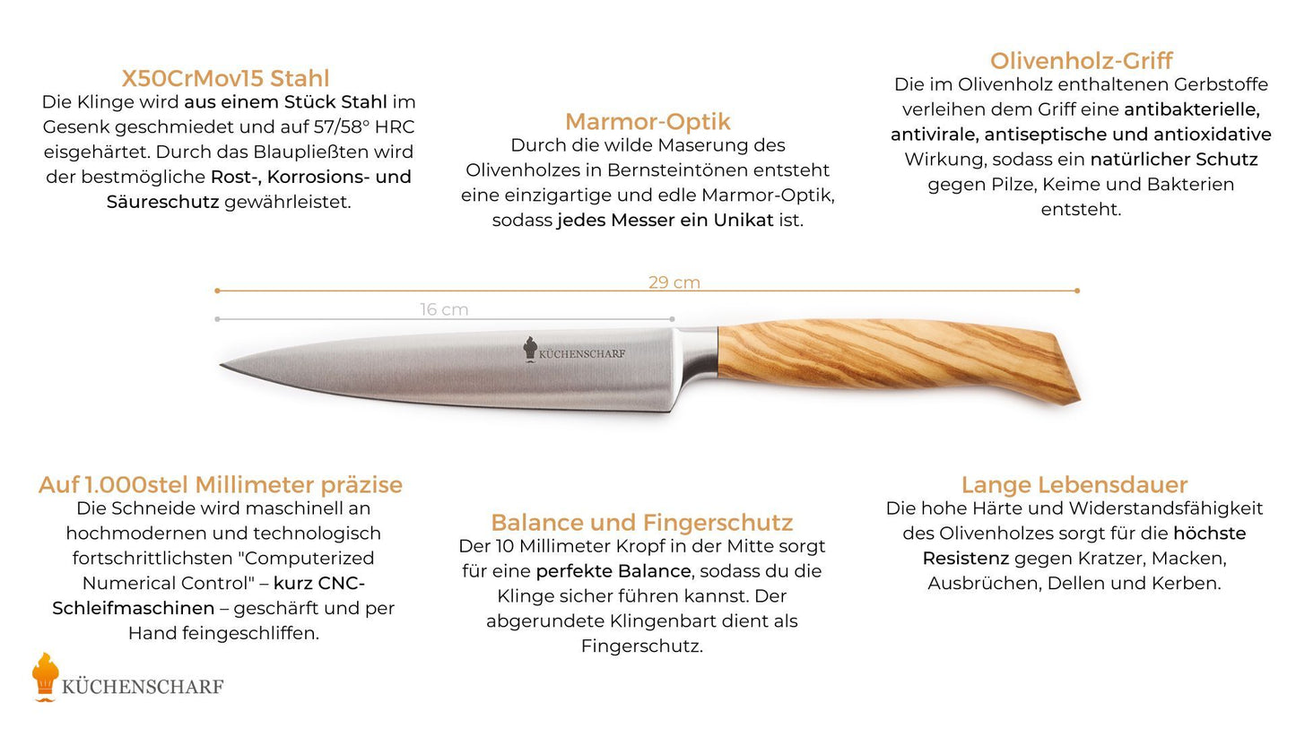 Küchenscharf Universalmesser 15 cm Olivenholz (30 Jahre Schärfe-Garantie)