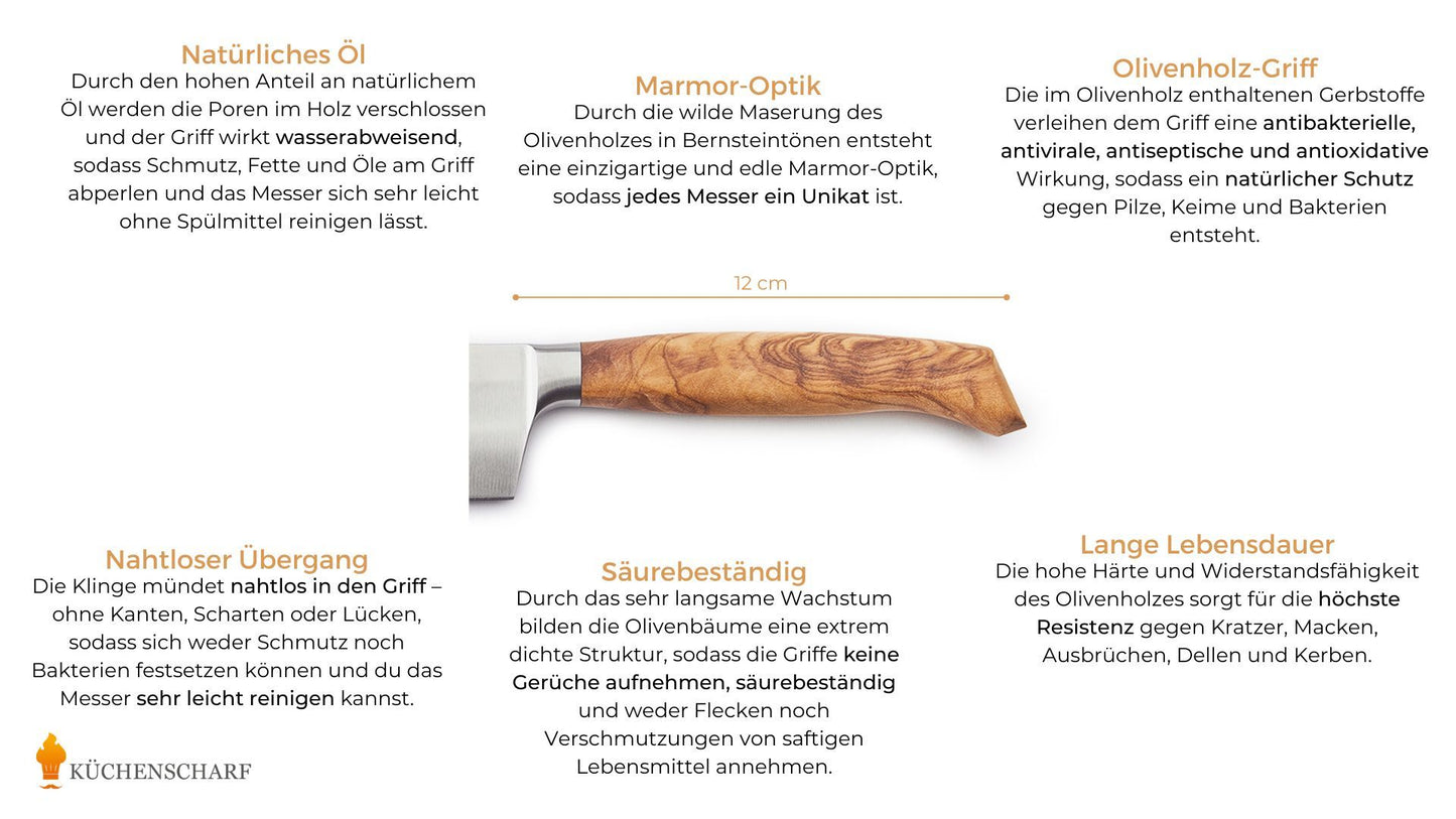 Küchenscharf Santoku 16 cm Olivenholz (30 Jahre Garantie & Schleifservice inklusive)