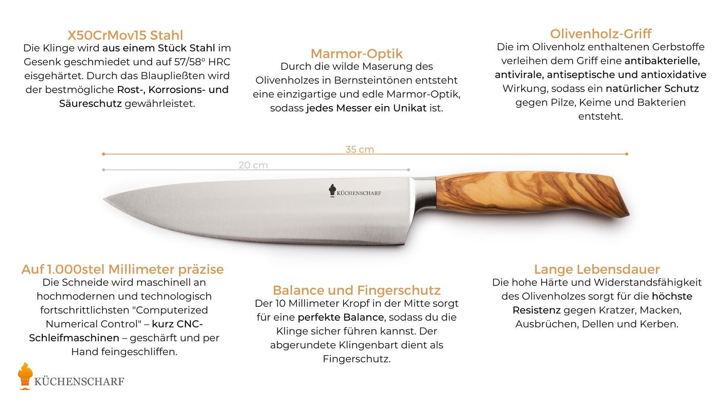 Küchenscharf Kochmesser 20 cm (30 Jahre Garantie & Schleifservice inklusive)