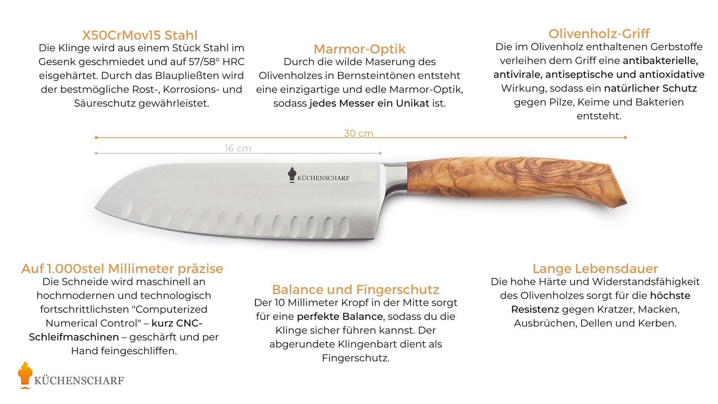 Küchenscharf Santoku 16 cm Olivenholz (30 Jahre Garantie & Schleifservice inklusive)