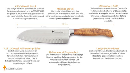 Küchenscharf Santoku 16 cm Olivenholz (30 Jahre Garantie & Schleifservice inklusive)