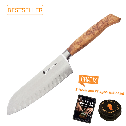 Küchenscharf Santoku 16 cm Olivenholz (30 Jahre Schärfe-Garantie)