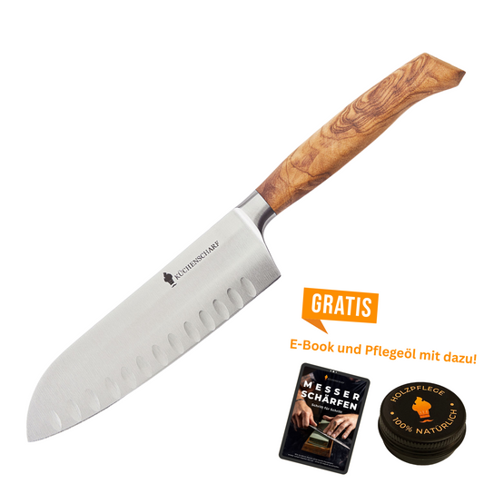 Küchenscharf Santoku 16 cm Olivenholz (30 Jahre Schärfe-Garantie)